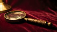 Vintage brass magnifying glass with wooden handle resting on deep burgundy velvet fabric, suitable for antique, detective, research, and luxury lifestyle concepts.