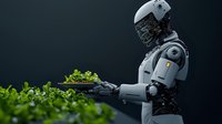 Futuristic robot tending to green plants against dark background, demonstrating artificial intelligence in sustainable agriculture and environmental care.