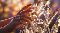 Hands holding crystal glass trophy award with golden bokeh lights background. Success achievement recognition ceremony celebration concept for business competition winner.