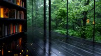Cozy reading corner with bookshelf against large windows overlooking lush green forest. Rain drops on glass create atmospheric mood with warm interior lighting.