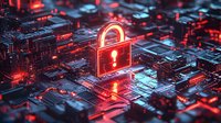 Glowing red padlock with exclamation mark on circuit board background illustrates cybersecurity threat, data breach, and digital protection concept.