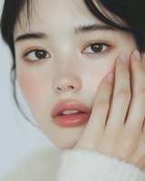 Close up portrait of young Asian woman with natural makeup, freckles, and glowing skin touching her face gently. Soft white sweater and delicate pose.