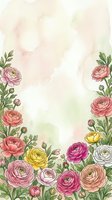 Watercolor ranunculus floral frame with pastel pink, yellow, and white blooms on soft textured background, perfect for cards and invitations.