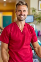 Confident male healthcare worker in red scrubs smiling at camera in medical office setting. Professional portrait showing warmth and approachability in modern clinic environment.