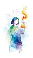 Female scientist in watercolor style holding flask with colorful chemical reaction and molecular formulas on white background for educational design.