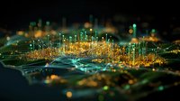 Glowing digital landscape with illuminated network connections and data points rising from circuit pathways against dark background, representing technological advancement.