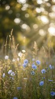 Delicate blue wildflowers blooming in natural meadow with golden sunlight and bokeh background creating dreamy atmosphere for nature photography.