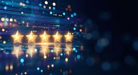 Five golden stars with glowing effects on futuristic digital technology background with circuit patterns and bokeh lights for rating and review concepts.