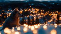 Dog silhouette against blurred city lights at dusk, warm bokeh effect creates magical atmosphere with glowing orange orbs in foreground and urban landscape background.