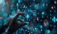 Futuristic hand gesture interacting with digital AI interface visualization, perfect for technology, innovation, and artificial intelligence concepts in business presentations.