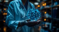 Medical professional in blue scrubs holding glowing digital brain hologram visualization against dark background with bokeh lights, representing healthcare technology.