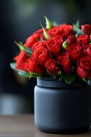 Fresh red roses bouquet in dark vase on wooden table with blurred background for romantic occasions, Valentine's Day, anniversary celebrations.