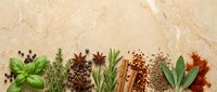 Assorted fresh and dried culinary herbs and spices arranged on neutral stone surface for cooking, seasoning, and food preparation projects.