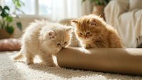 Two fluffy ginger and white kittens playing with cardboard tube on carpet in bright living room with houseplants and furniture.
