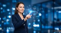 Young professional businesswoman touching digital interface with technology icons in modern office environment for corporate presentations.