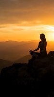 Woman practicing yoga meditation on mountain peak during golden sunset with layered hills creating peaceful silhouette for wellness and mindfulness concepts.