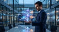 Professional businessman interacting with holographic digital cube technology in modern glass office building for futuristic business presentations.