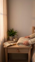 Cozy bedroom corner with wooden nightstand, open book, reading glasses, coffee cup, fern plant and soft knitted blanket in warm natural light.