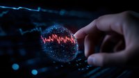 Futuristic financial data visualization with glowing red graph in digital sphere, finger pointing at holographic market analysis display on dark background.