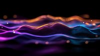 Glowing neon waves with purple and blue gradient colors flow across dark background creating dynamic abstract landscape with light particles and bokeh effects.