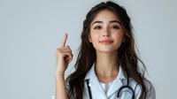 Young Asian female medical professional in white coat and stethoscope pointing finger upward with confident smile against light background, representing healthcare service.