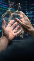Two male hands holding glowing geometric network structure with digital data streams and connected lines, representing technology, artificial intelligence, blockchain, and digital transformation concepts.