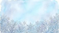 Watercolor winter border with frost-covered plants and snowflakes in soft blue and purple tones, isolated on white background for seasonal design projects.