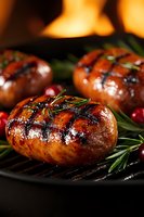 Grilled sausages with herbs and cranberries on cast iron pan, warm fireplace background creates cozy dining atmosphere for holiday meals and gatherings.