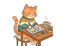 Ginger cat wearing sweater and scarf sitting at wooden table with hot beverage, cookies, and potted plants, isolated on white background. Cozy autumn or winter scene for greeting cards, children's illustrations, and seasonal designs.