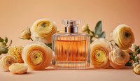 Elegant glass perfume bottle surrounded by fresh yellow ranunculus flowers on peach background, luxury fragrance and floral composition for beauty advertising.