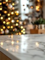 Urred Christmas tree lights creating magical bokeh effect in background, cozy holiday kitchen interior with warm golden glow.