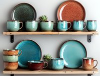 Ceramic tableware collection in turquoise, terracotta and green colors displayed on wooden shelves with decorative succulents, featuring plates, cups and mugs with speckled glaze finish.