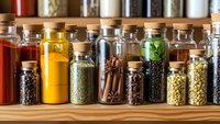 Assorted spices and herbs in glass jars with cork lids arranged on wooden shelf for cooking and culinary seasoning in kitchen pantry storage organization.