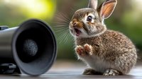 Funny rabbit speaking into megaphone against blurred background, humorous concept of animal communication and social media marketing promotion.
