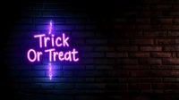 Glowing pink neon sign reading Trick or Treat against dark brick wall background creates spooky Halloween atmosphere for seasonal decoration and party design.