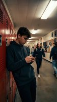 Young male student using smartphone in high school hallway with red lockers and blurred classmates walking by during break time.