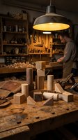 Wooden blocks and tools arranged on workbench in carpentry workshop with male craftsman working in background under industrial pendant lamp lighting.