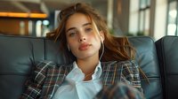 Young Caucasian woman with natural makeup relaxing on leather couch listening to music through earphones, wearing plaid blazer and white shirt, lifestyle portrait in warm lighting.
