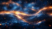 Cosmic abstract background with glowing golden and blue waves of light, shimmering particles and bokeh effects creating magical space atmosphere.
