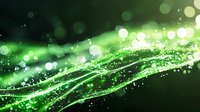 Abstract green glowing waves with bokeh light effect on dark background, creating dynamic flowing energy pattern for technology or nature designs.