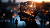 Double exposure silhouette of young man profile merged with illuminated night city skyline, blurred bokeh lights creating dreamy urban atmosphere.