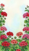 Watercolor geranium floral border with red and pink blooms, green leaves, and soft pastel background, perfect for cards and prints.