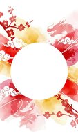 Asian watercolor frame with dragon, cherry blossoms and clouds in red and gold tones. Traditional oriental design with white circle space for text or logo.