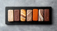 Assorted luxury chocolate bonbons with different textures and flavors arranged on dark slate board, top view composition against grey background.
