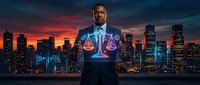 Professional African American businessman in suit holding glowing digital justice scales hologram against dramatic city skyline at sunset for legal technology concepts.