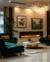 Luxurious modern living room interior with emerald velvet armchairs, crystal chandelier, marble wall fireplace and tropical botanical artwork decor.