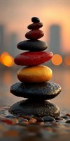 Balanced stack of colorful wet stones creating zen tower at sunset with warm bokeh lights and urban skyline background for meditation and wellness concepts.