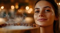 Young Hispanic woman smiling while holding steaming coffee cup close to face against warm bokeh lights background, expressing joy and contentment in cozy cafe atmosphere.