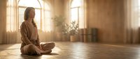 Young Asian woman practicing meditation in lotus position on wooden floor in bright sunlit room with warm golden light streaming through windows.