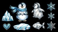Cute penguin chick wearing blue scarf with heart, standing penguin, ice crystals, snowflakes, ice shards, and fish. Isolated on transparent background, ready for t-shirts, stickers, clipart, sublimation, and print-on-demand designs.